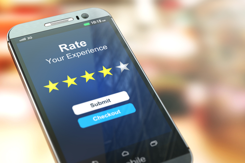 Mobile screen displaying 4 out of 5 stars on a customer review, text says "rate your experience"