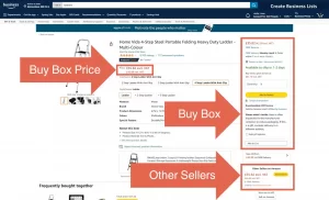 Amazon's buy box labelled with arrows, also showing the other sellers panel