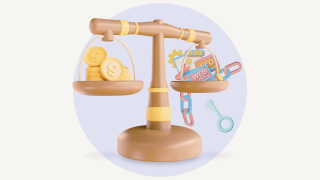 A decorative image of a balance scale, with money on one side and SEO tools on the other.