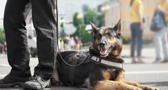 Von Wolf K9 Equipment - Police dog lying down next to handlers feet