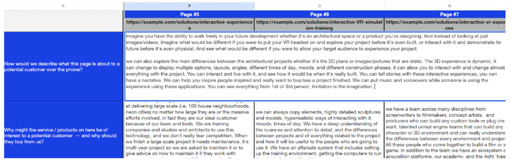 A screenshot of our Core Pages document.