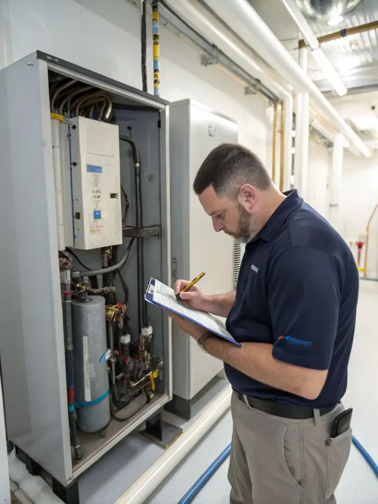 Commercial energy assessor inspecting HVAC plant equipment and recording notes